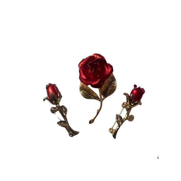 Three (3)Vintage Red Rose Floral Designer Gold Tone Women’s Brooches Pins - Picture 2 of 8